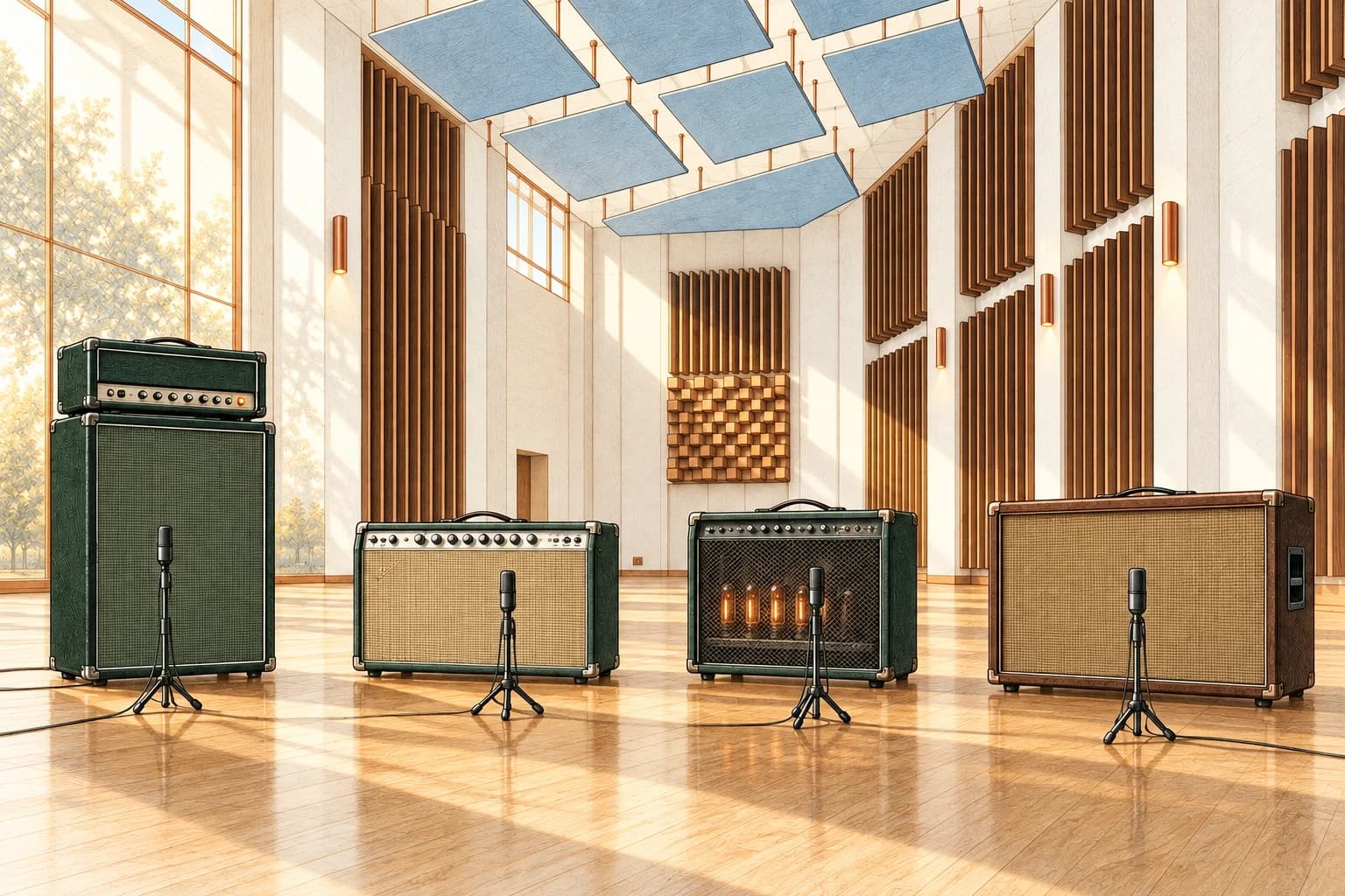 Four distinct amplifier cabinets arranged for comparison in a bright acoustic gallery, each with a measurement microphone.