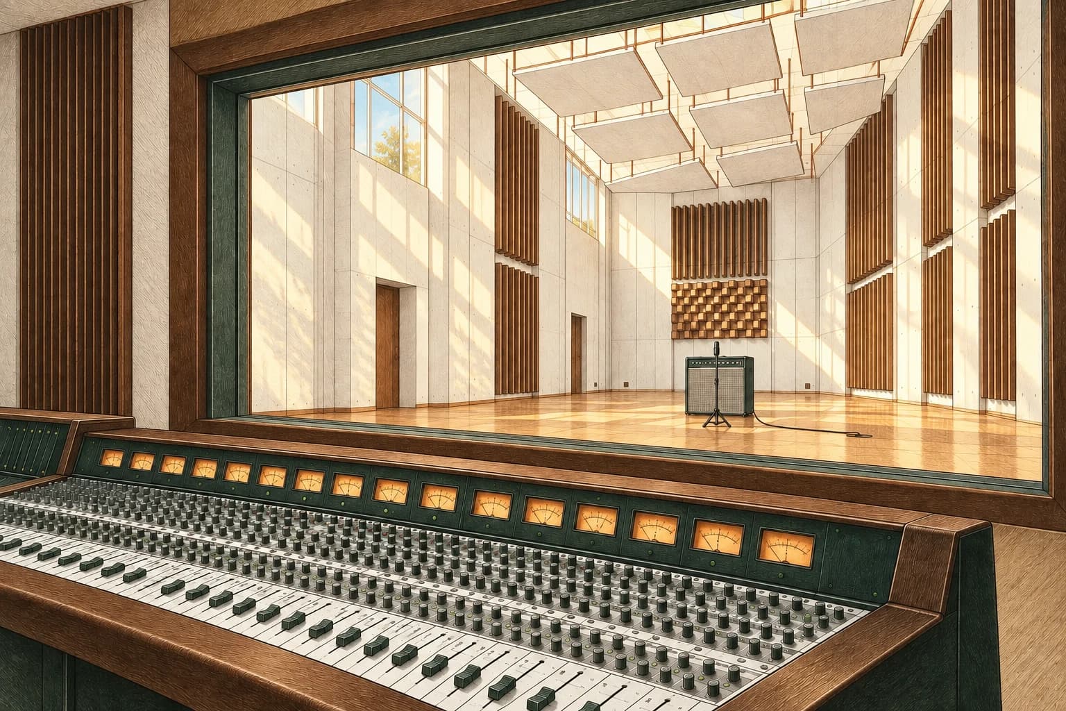 A substantial analog recording console overlooking one amplifier and microphone through a test chamber window.