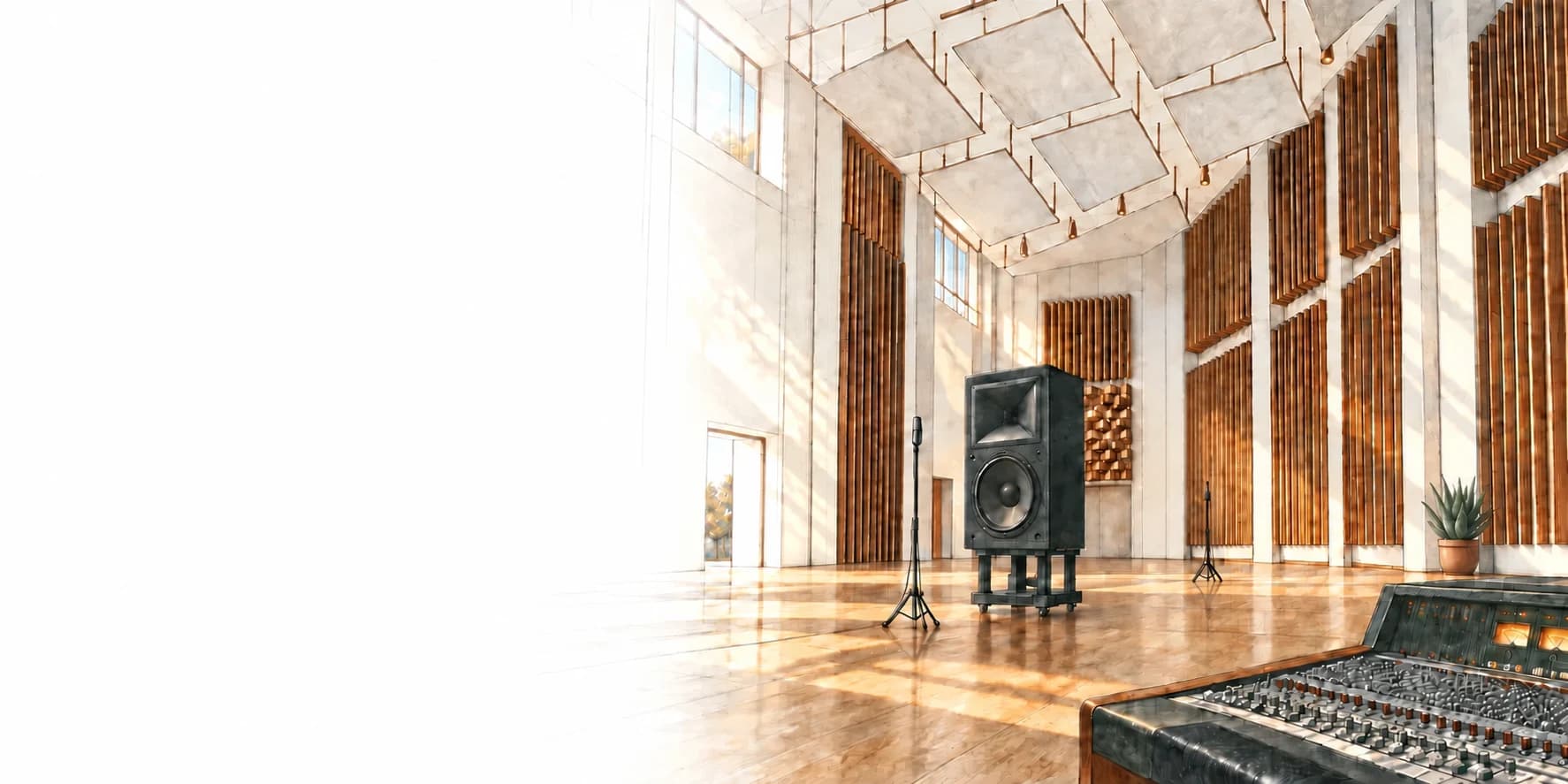 A sunlit acoustic studio with an amplifier, measurement microphones, a recording console, and a small potted aloe by the right wall.