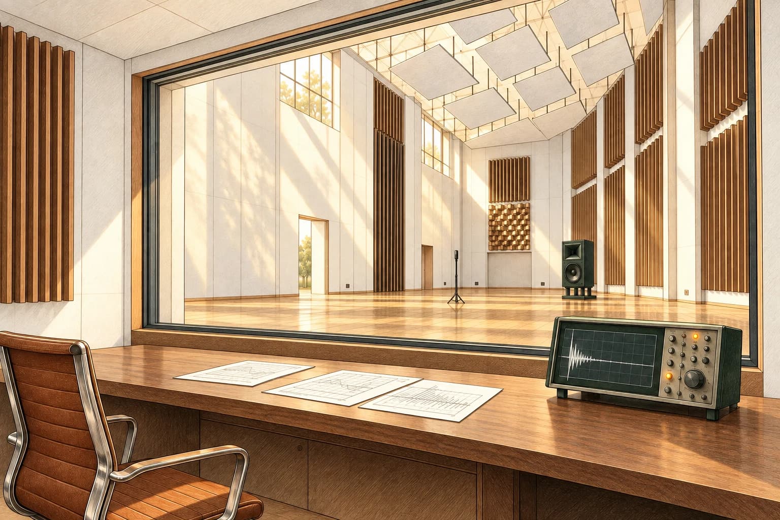 An observation room overlooking an acoustic hall, with an oscilloscope and measurement sheets in the foreground.