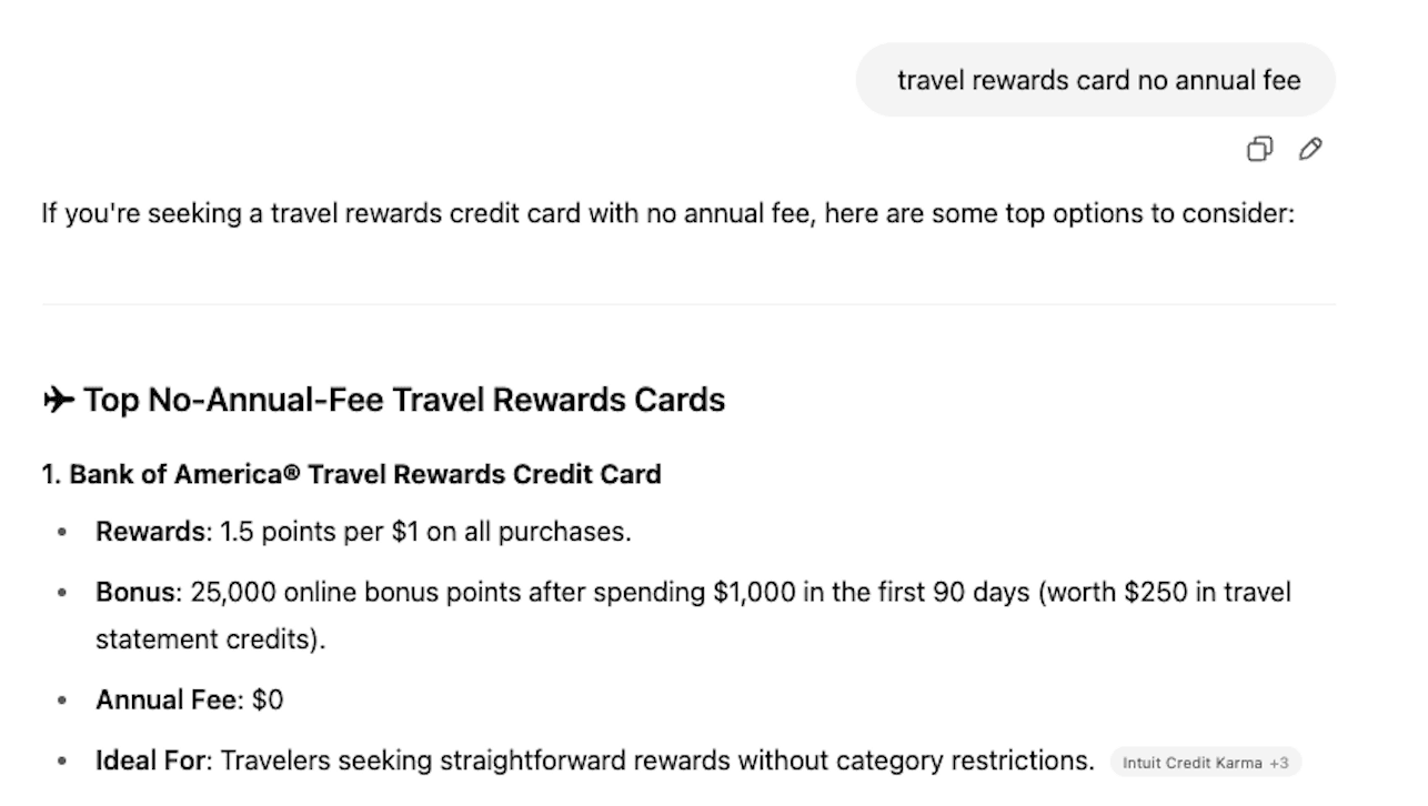 ChatGPT recommending Bank of America Travel Rewards card