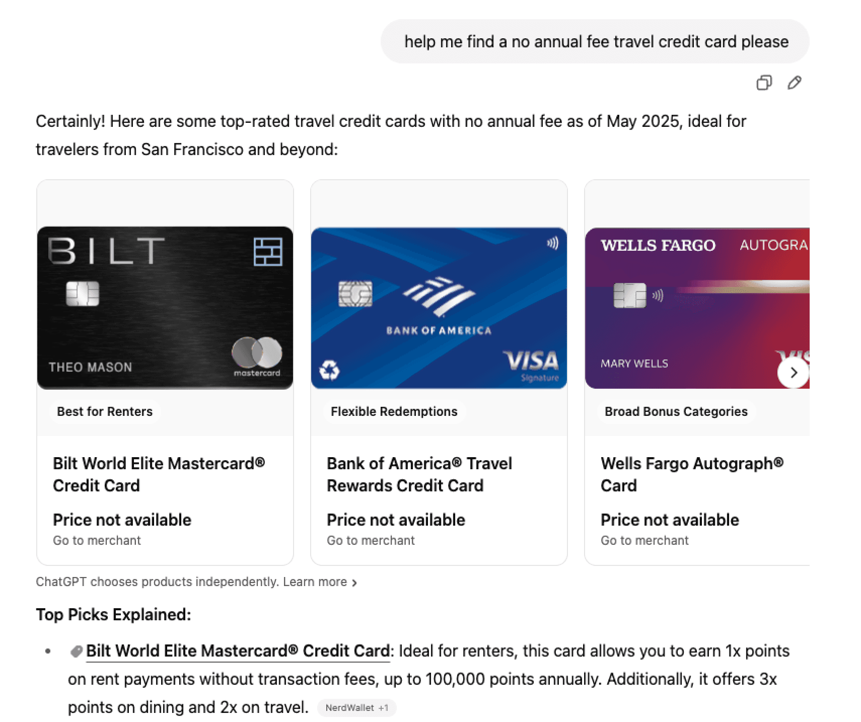 ChatGPT recommending Bilt Mastercard