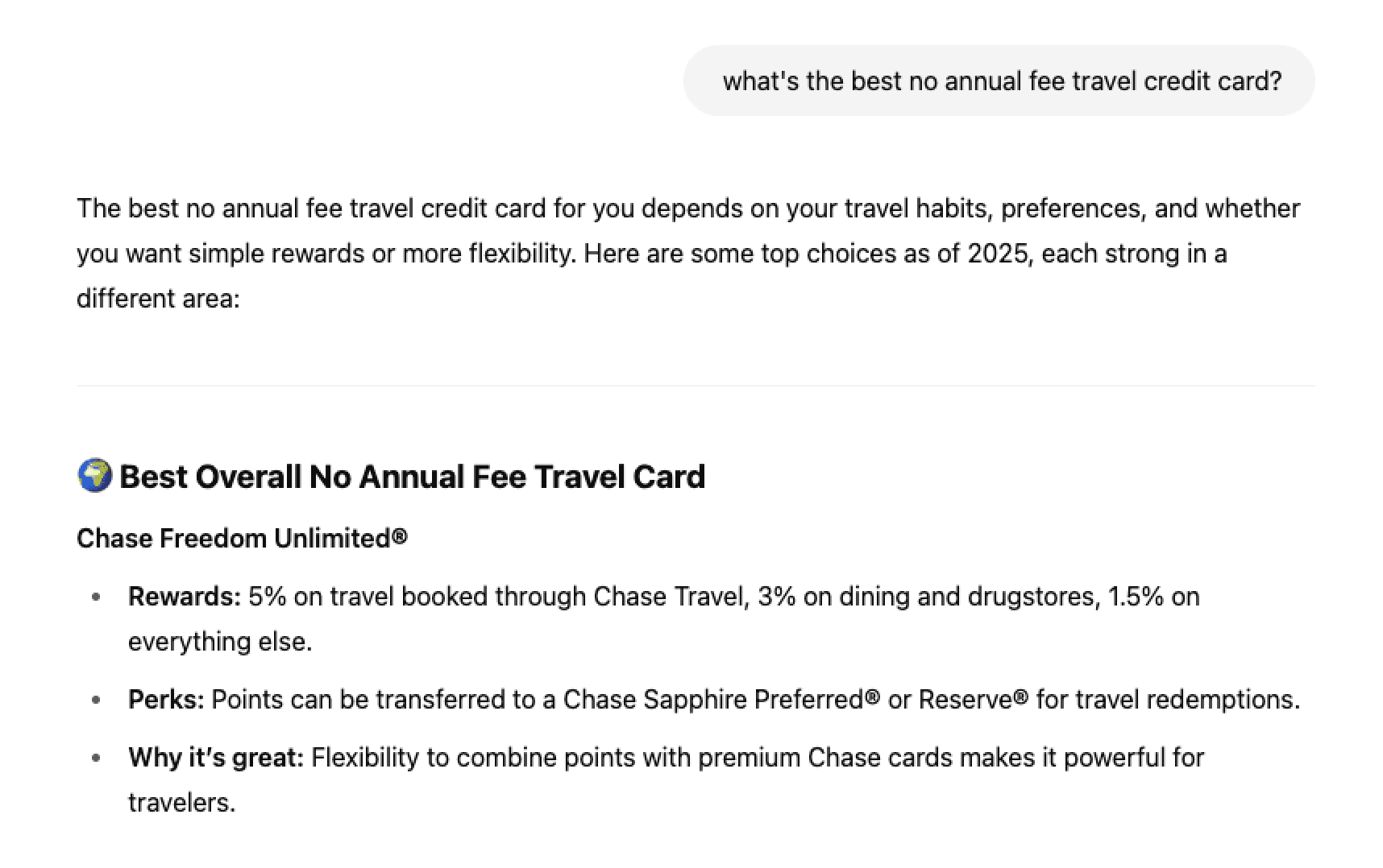ChatGPT recommending Chase Freedom Unlimited card