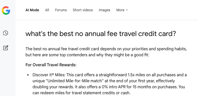 Google AI Mode recommending Discover it Miles card