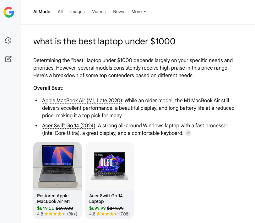 Google AI Mode showing Shopping Graph bias toward available inventory